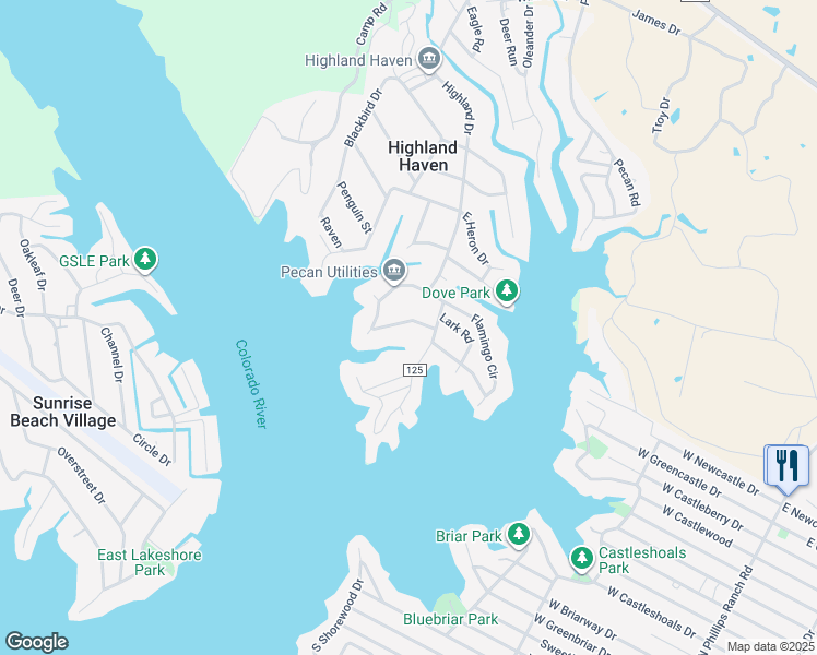 map of restaurants, bars, coffee shops, grocery stores, and more near 314 Bluebird Circle in Marble Falls
