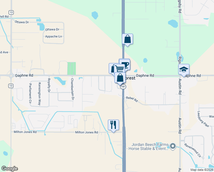 map of restaurants, bars, coffee shops, grocery stores, and more near 25963 Overton Drive in Daphne
