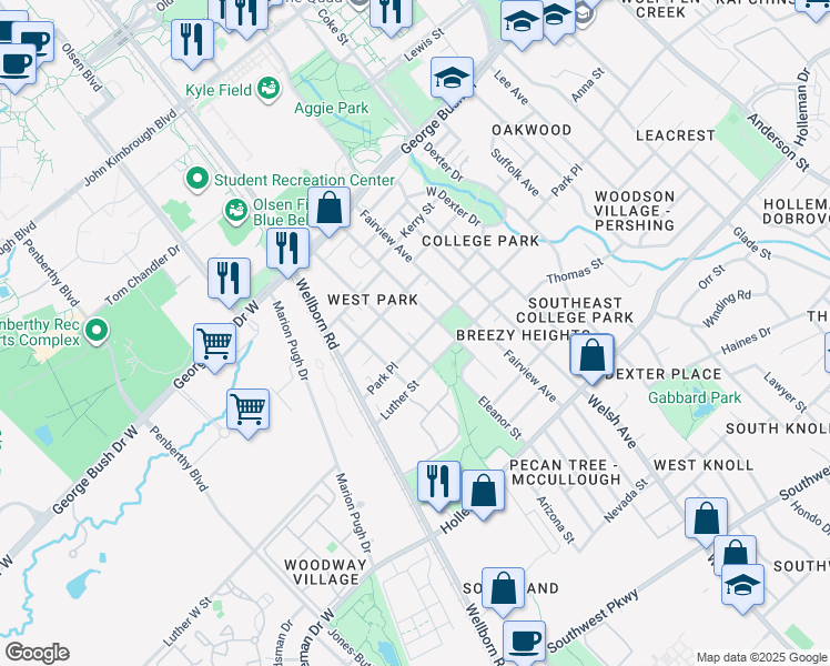 map of restaurants, bars, coffee shops, grocery stores, and more near 608 Montclair Avenue in College Station