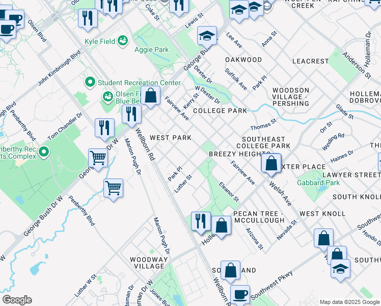 map of restaurants, bars, coffee shops, grocery stores, and more near 608 Montclair Avenue in College Station