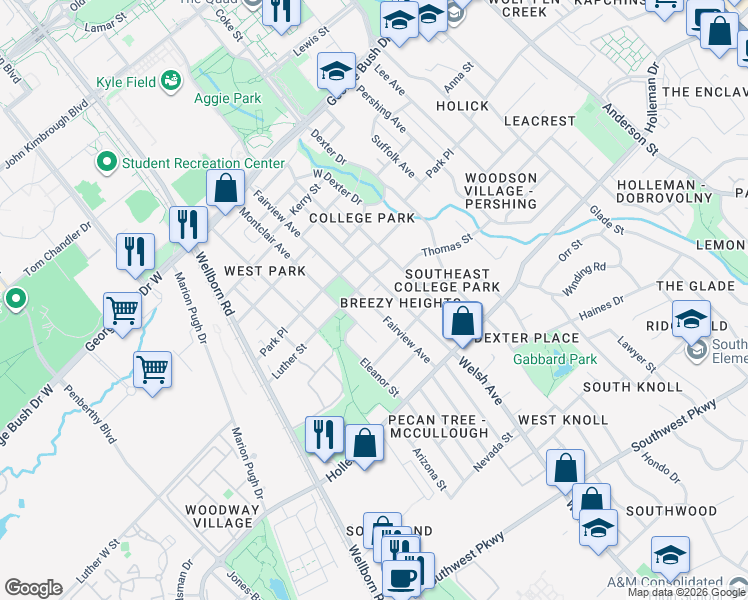 map of restaurants, bars, coffee shops, grocery stores, and more near 809 Fairview Avenue in College Station