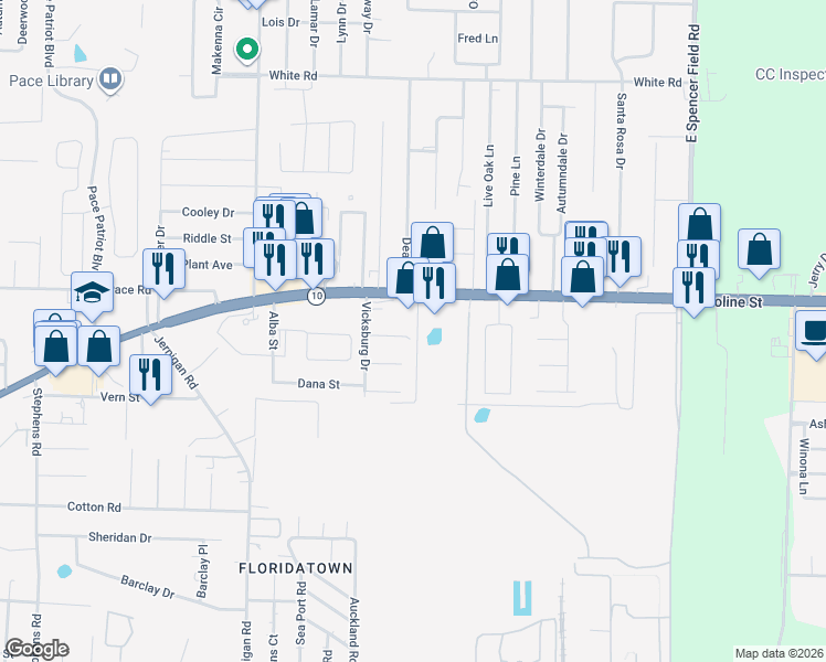 map of restaurants, bars, coffee shops, grocery stores, and more near 201-4227 Sanford St in Pace