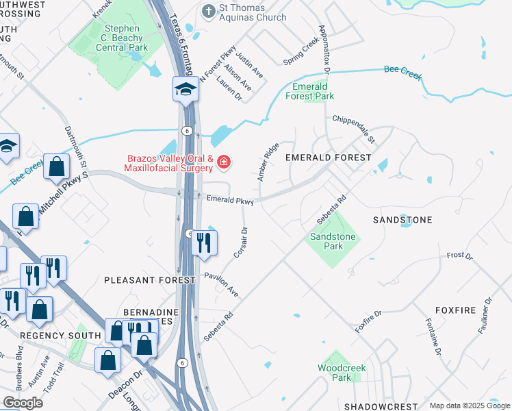 map of restaurants, bars, coffee shops, grocery stores, and more near 1610 Emerald Parkway in College Station