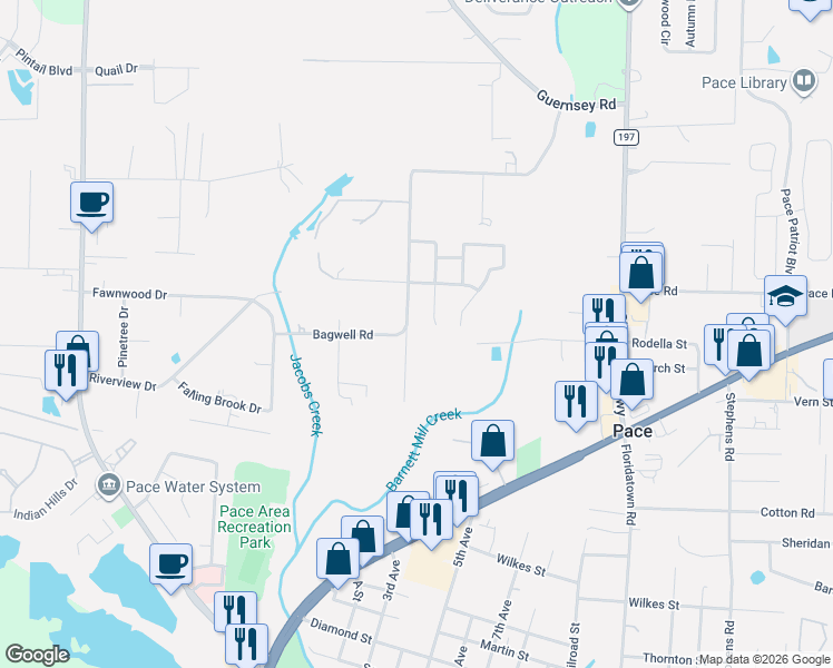map of restaurants, bars, coffee shops, grocery stores, and more near 4568 Old Guernsey Road in Pace