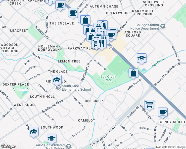 map of restaurants, bars, coffee shops, grocery stores, and more near 1804 Potomac Place in College Station