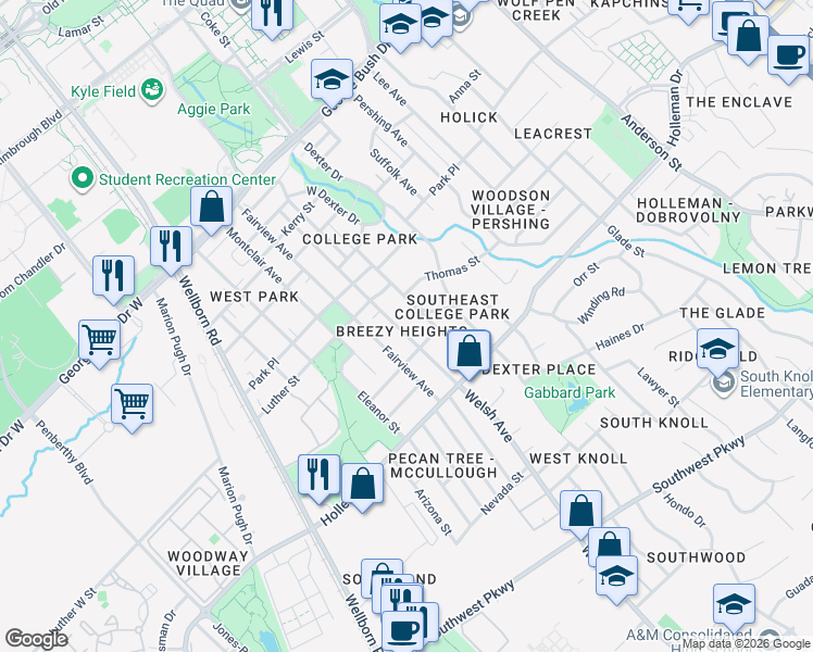 map of restaurants, bars, coffee shops, grocery stores, and more near in College Station