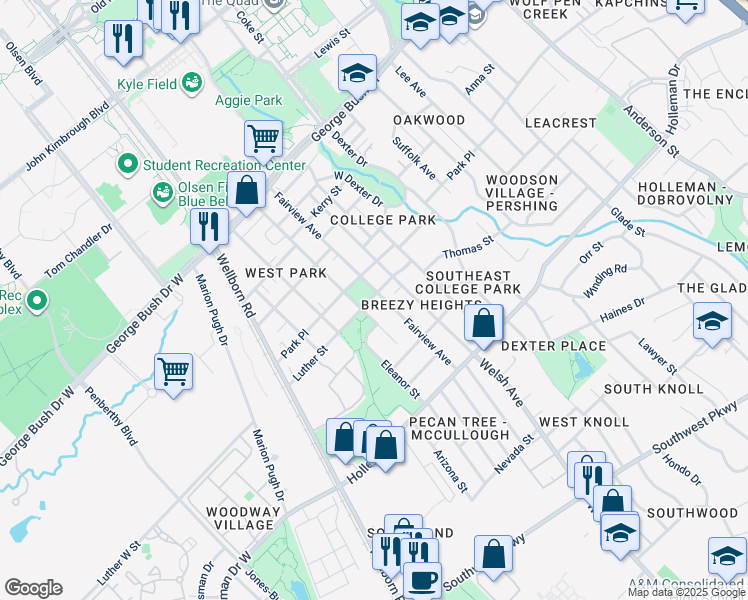 map of restaurants, bars, coffee shops, grocery stores, and more near 400 Park Place in College Station