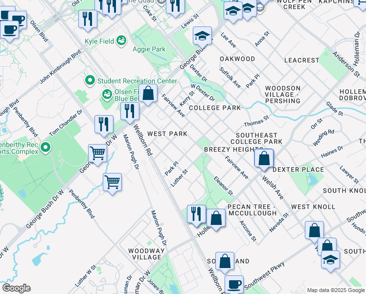 map of restaurants, bars, coffee shops, grocery stores, and more near 608 Montclair Avenue in College Station