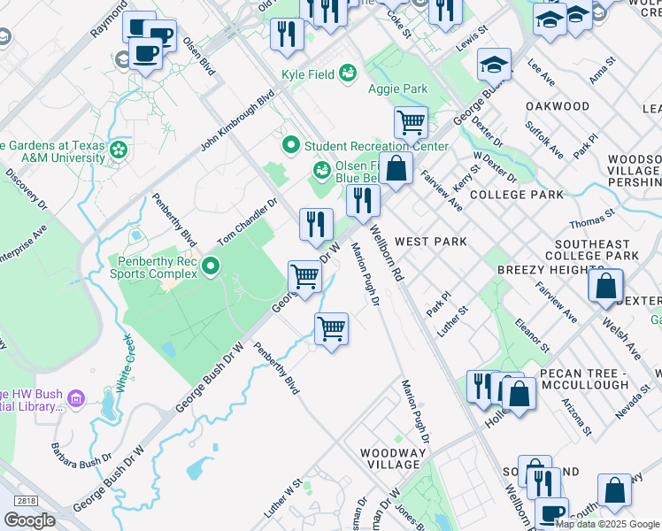 map of restaurants, bars, coffee shops, grocery stores, and more near 201 George Bush Drive West in College Station