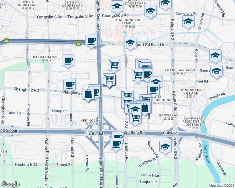 map of restaurants, bars, coffee shops, grocery stores, and more near 388 Tian Ren Lu in Cheng Du Shi