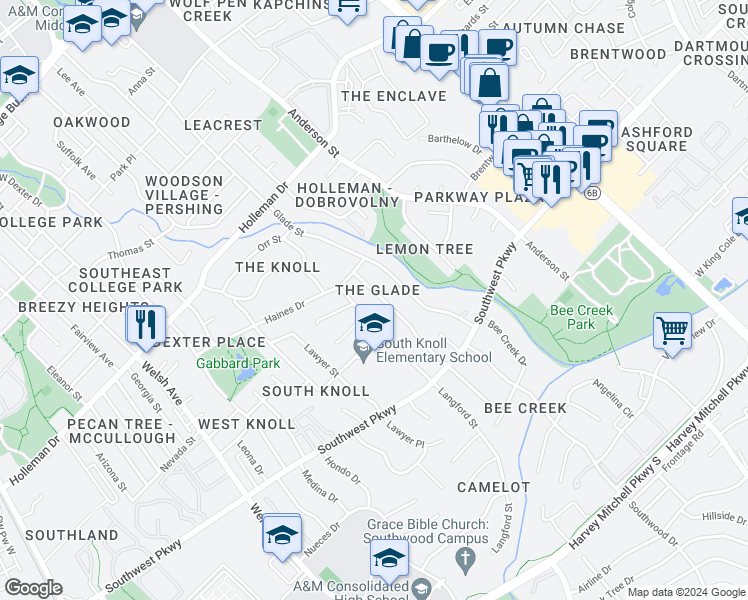 map of restaurants, bars, coffee shops, grocery stores, and more near 1402 Laura Lane in College Station