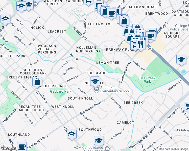 map of restaurants, bars, coffee shops, grocery stores, and more near 1400 Laura Lane in College Station