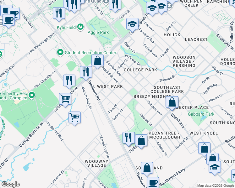 map of restaurants, bars, coffee shops, grocery stores, and more near 608 Montclair Avenue in College Station