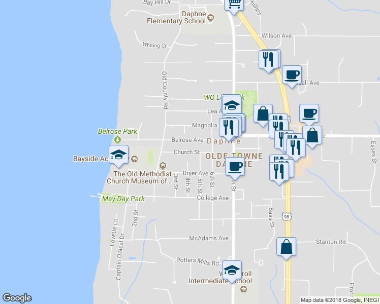 map of restaurants, bars, coffee shops, grocery stores, and more near 506 Church Street in Daphne