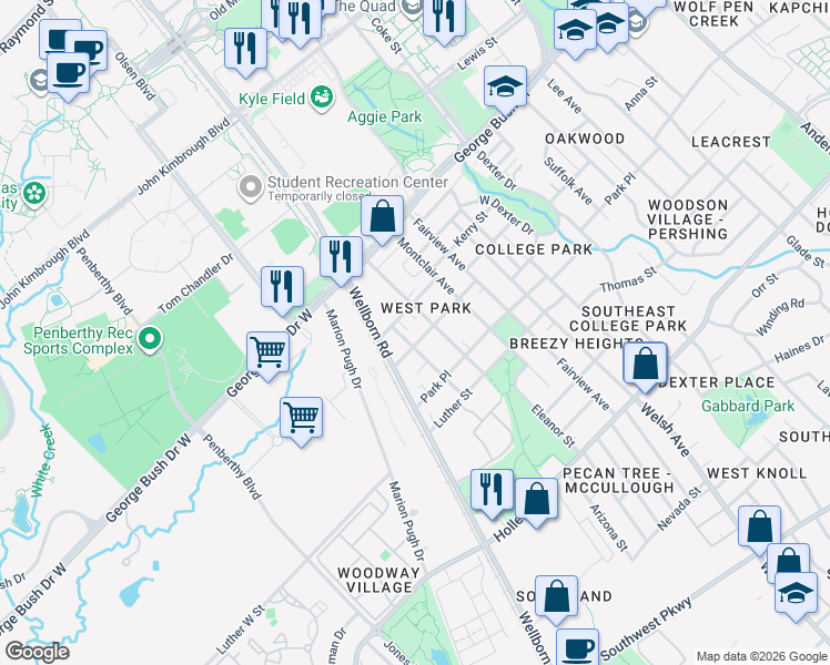 map of restaurants, bars, coffee shops, grocery stores, and more near 211 Fidelity Street in College Station