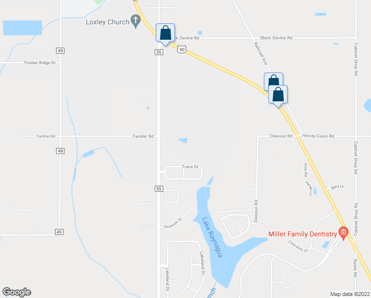 map of restaurants, bars, coffee shops, grocery stores, and more near 25856 County Road 55 in Loxley