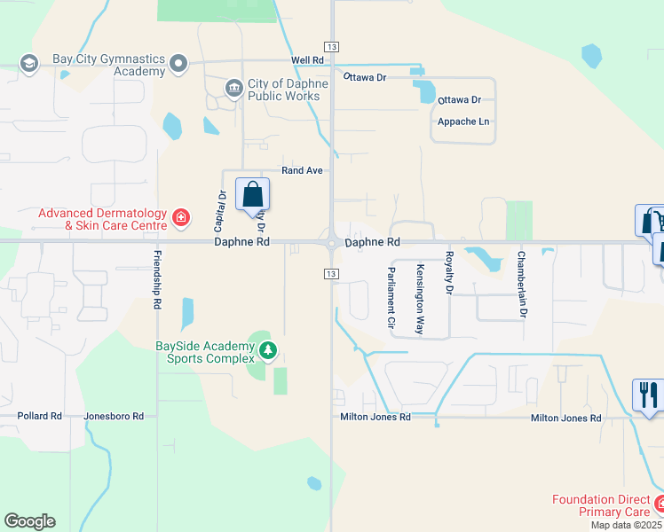 map of restaurants, bars, coffee shops, grocery stores, and more near County Road 13 in Daphne