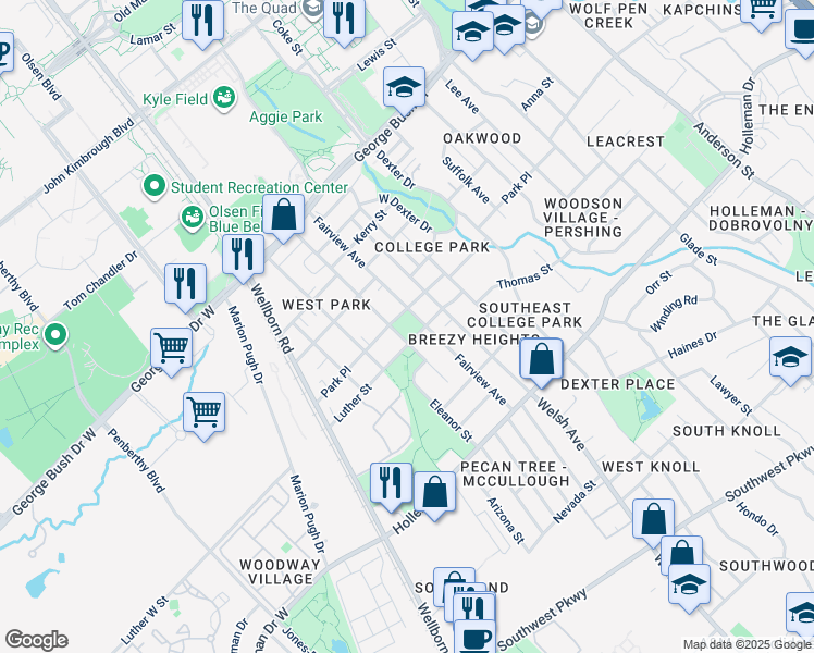 map of restaurants, bars, coffee shops, grocery stores, and more near 400 Park Place in College Station