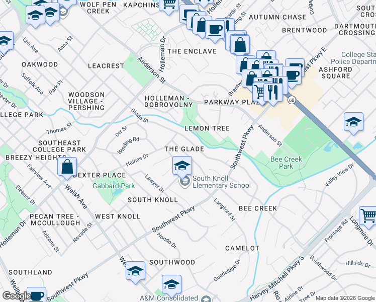 map of restaurants, bars, coffee shops, grocery stores, and more near 1501 Laura Lane in College Station