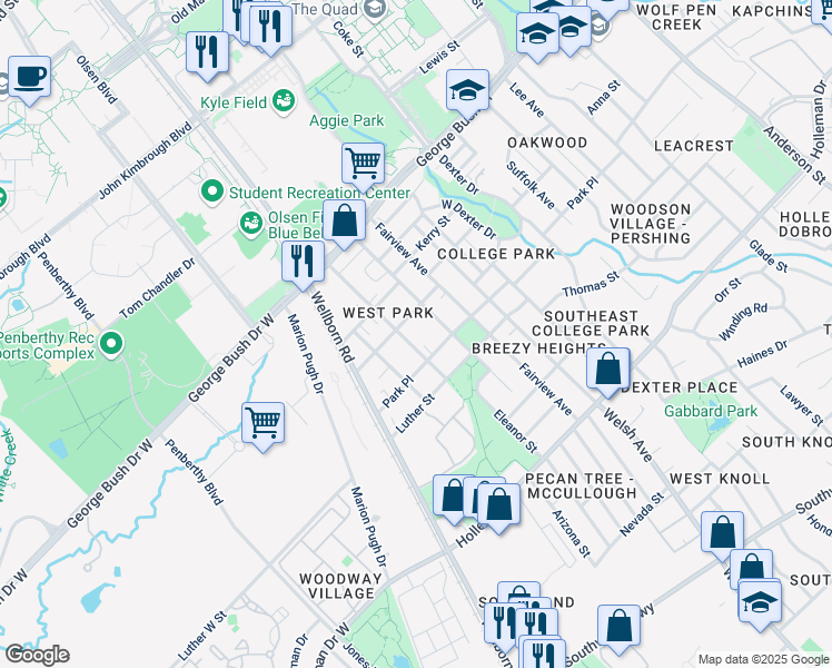map of restaurants, bars, coffee shops, grocery stores, and more near 608 Montclair Avenue in College Station