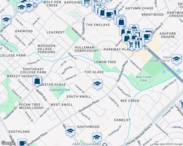 map of restaurants, bars, coffee shops, grocery stores, and more near 1400 Laura Lane in College Station