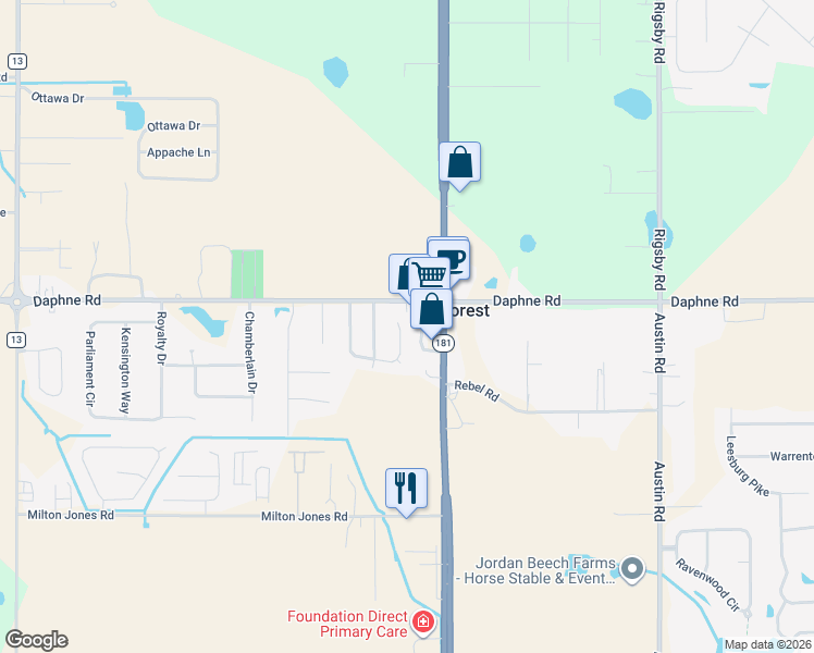 map of restaurants, bars, coffee shops, grocery stores, and more near 25709 Argonne Drive in Daphne