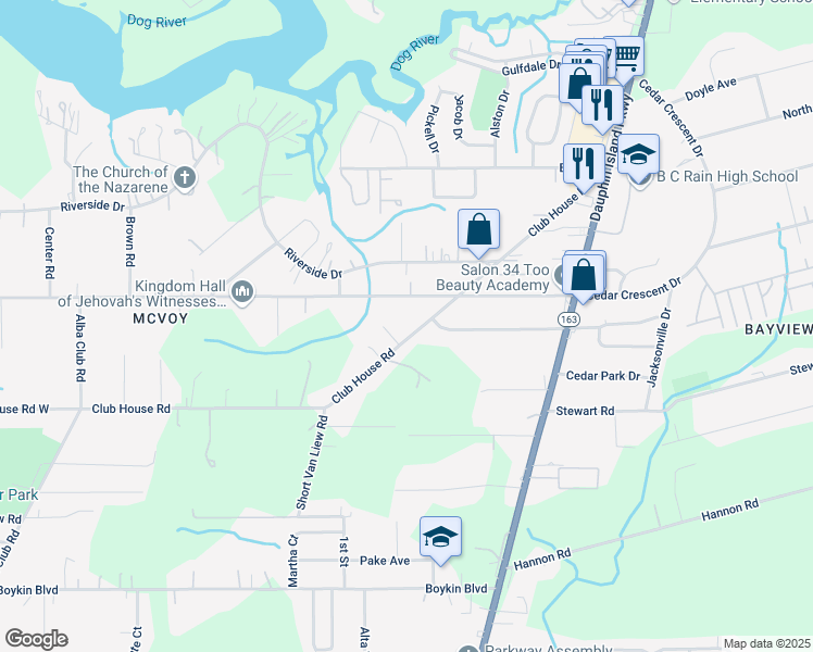 map of restaurants, bars, coffee shops, grocery stores, and more near 3362 Club House Road in Mobile
