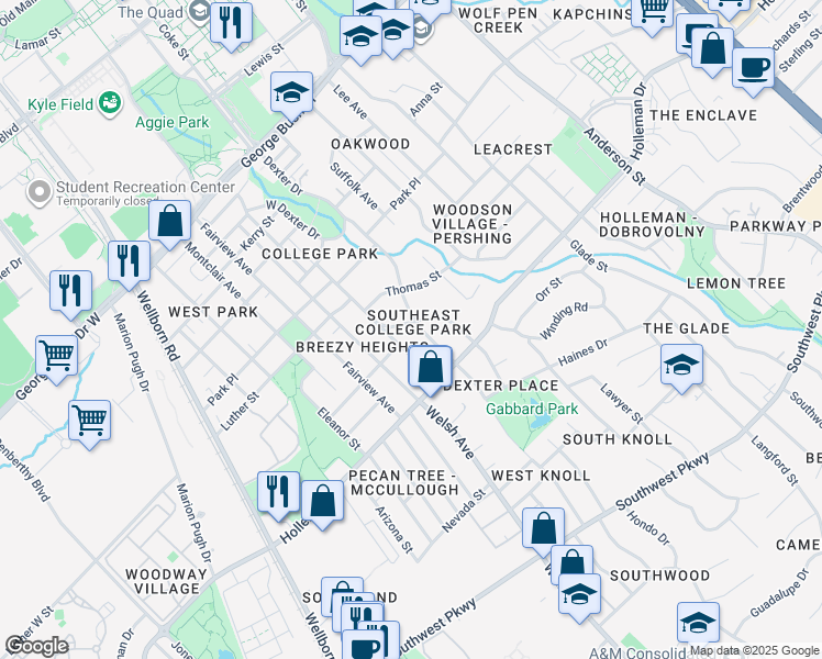 map of restaurants, bars, coffee shops, grocery stores, and more near 910 Winding Road in College Station