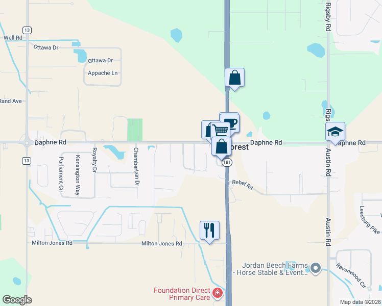 map of restaurants, bars, coffee shops, grocery stores, and more near 25963 Overton Drive in Daphne