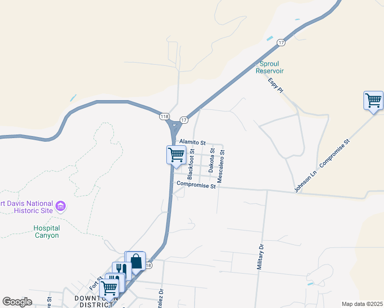 map of restaurants, bars, coffee shops, grocery stores, and more near Blackfoot Street in Fort Davis