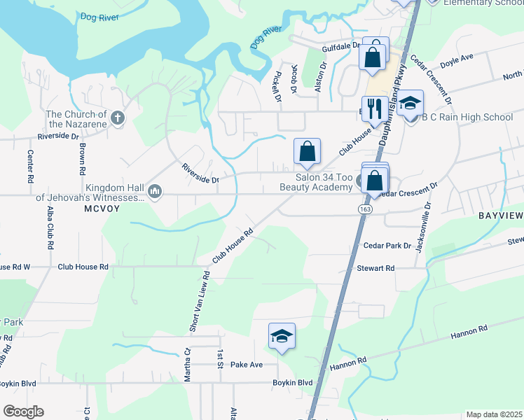 map of restaurants, bars, coffee shops, grocery stores, and more near 3362 Club House Road in Mobile