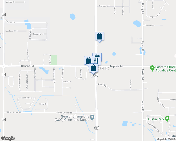 map of restaurants, bars, coffee shops, grocery stores, and more near 25695 Argonne Drive in Daphne