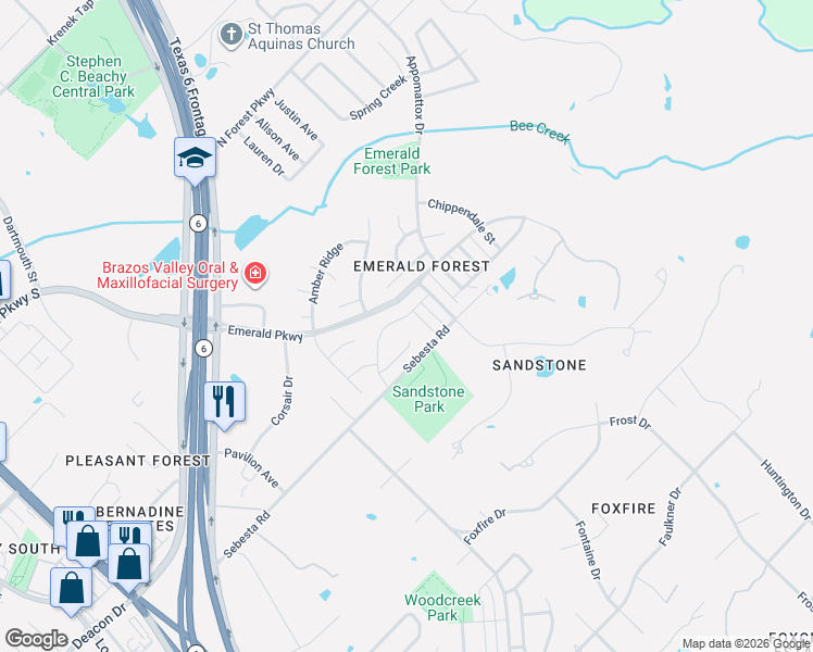 map of restaurants, bars, coffee shops, grocery stores, and more near 8707 Bent Tree Drive in College Station