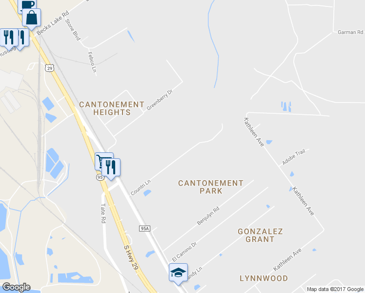 map of restaurants, bars, coffee shops, grocery stores, and more near 127 Countri Lane in Gonzalez