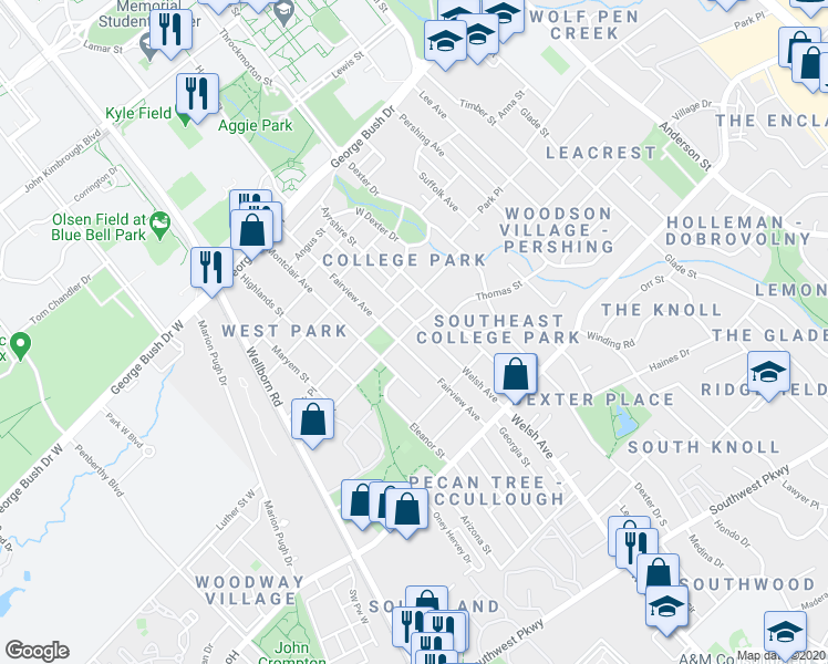 map of restaurants, bars, coffee shops, grocery stores, and more near 500 Luther Street in College Station