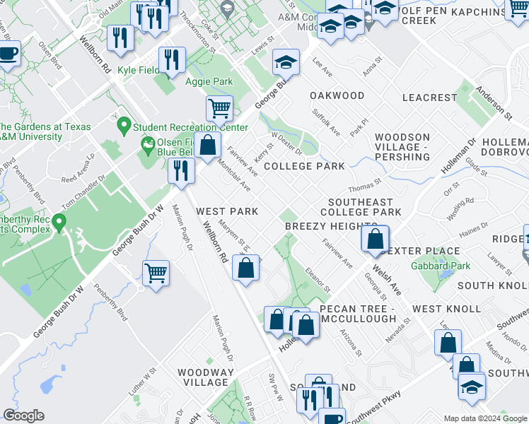 map of restaurants, bars, coffee shops, grocery stores, and more near 608 Montclair Avenue in College Station