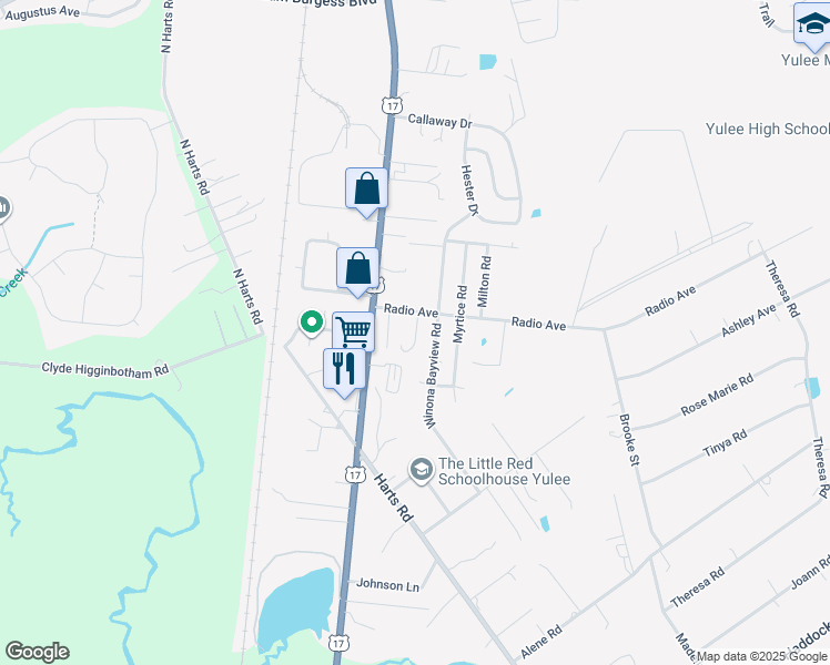 map of restaurants, bars, coffee shops, grocery stores, and more near Loretta Lane in Yulee
