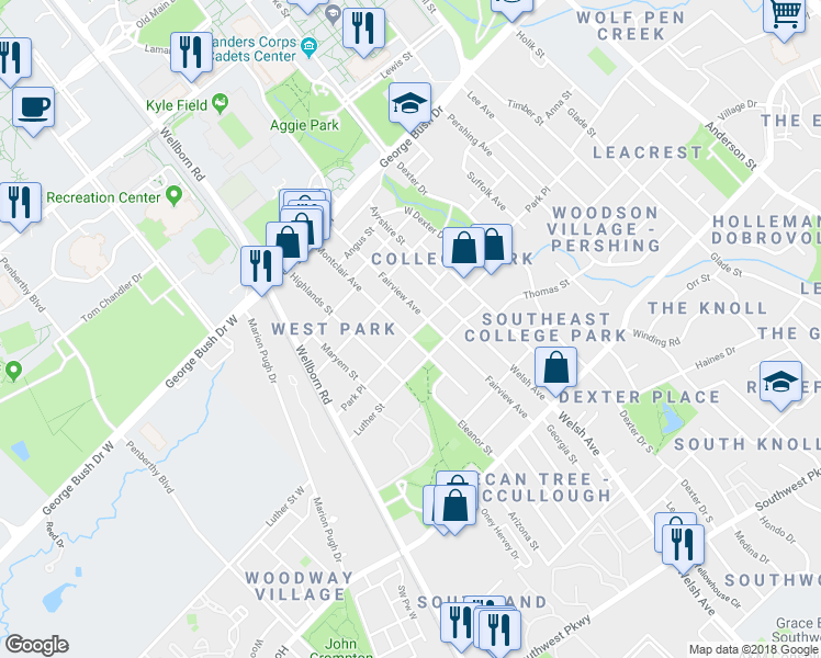 map of restaurants, bars, coffee shops, grocery stores, and more near 401 Park Place in College Station