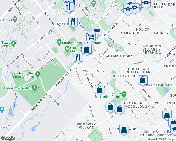 map of restaurants, bars, coffee shops, grocery stores, and more near 201 Grove St in College Station