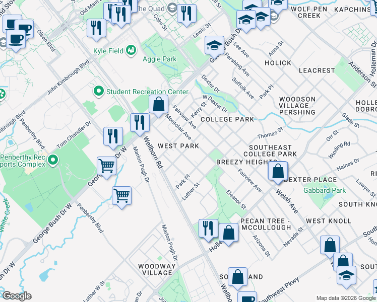 map of restaurants, bars, coffee shops, grocery stores, and more near 608 Montclair Avenue in College Station