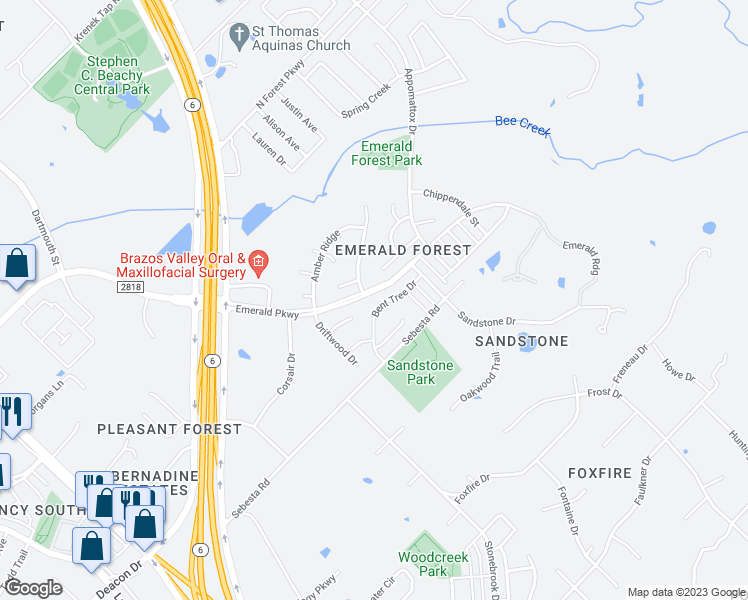 map of restaurants, bars, coffee shops, grocery stores, and more near 8718 Bent Tree Drive in College Station