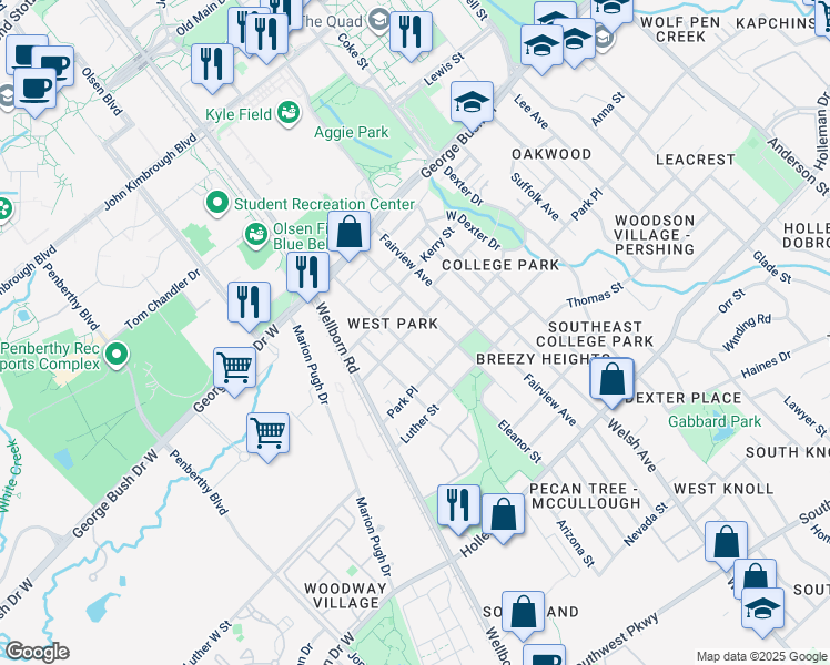 map of restaurants, bars, coffee shops, grocery stores, and more near 608 Montclair Avenue in College Station