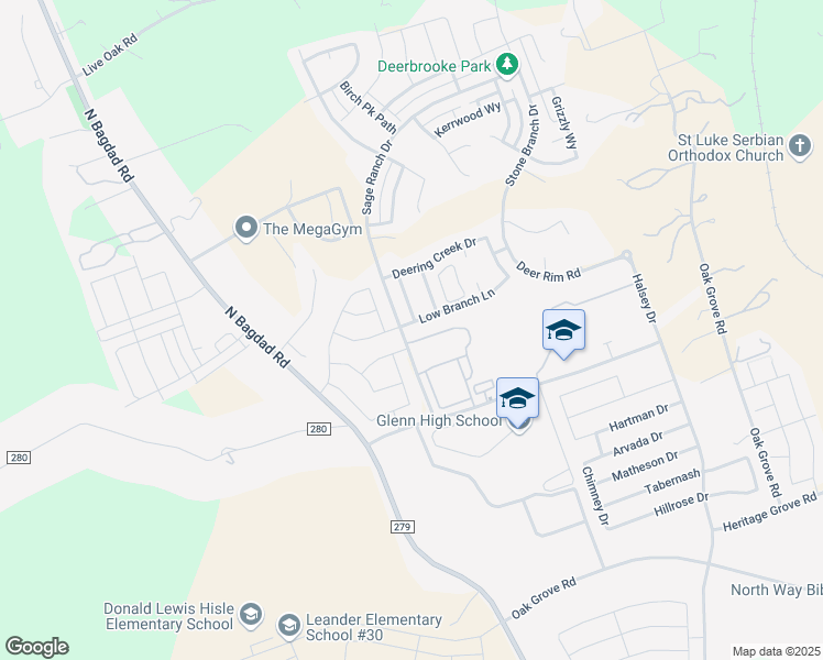 map of restaurants, bars, coffee shops, grocery stores, and more near 1352 Low Branch Lane in Leander
