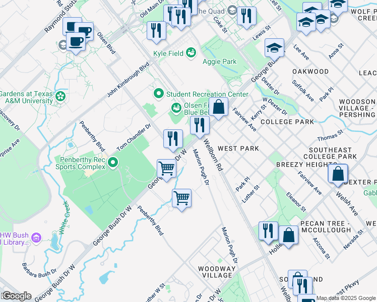 map of restaurants, bars, coffee shops, grocery stores, and more near 201 George Bush Drive West in College Station