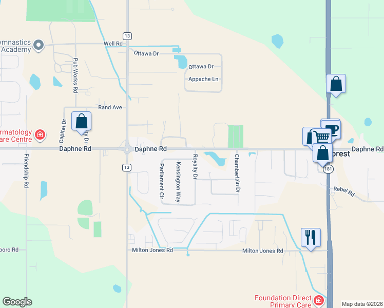 map of restaurants, bars, coffee shops, grocery stores, and more near 9270 Parliament Circle in Daphne