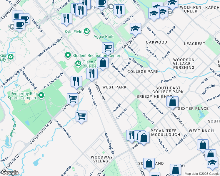 map of restaurants, bars, coffee shops, grocery stores, and more near 211 Fidelity Street in College Station