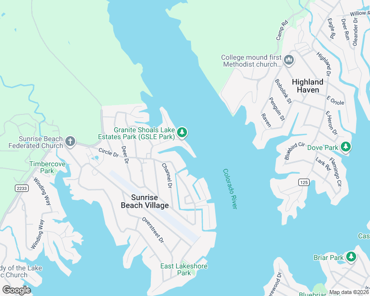 map of restaurants, bars, coffee shops, grocery stores, and more near 343 Park Lane in Sunrise Beach Village