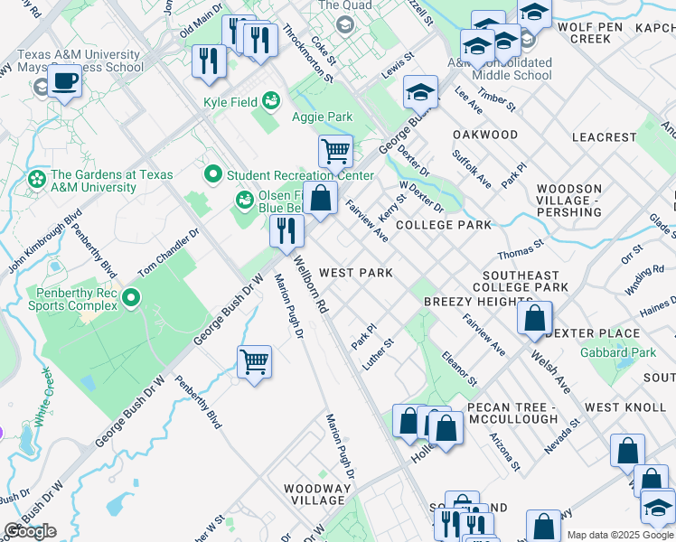 map of restaurants, bars, coffee shops, grocery stores, and more near 201 Grove Street in College Station