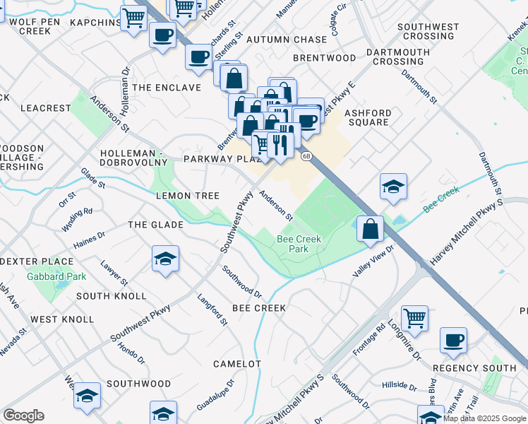map of restaurants, bars, coffee shops, grocery stores, and more near 1600 Southwest Parkway in College Station