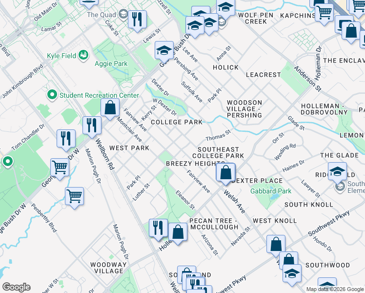 map of restaurants, bars, coffee shops, grocery stores, and more near 500 Luther Street in College Station